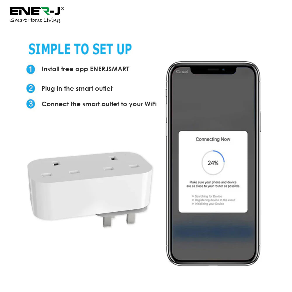 ENER-J WiFi & Bluetooth Dual Smart Plug 13A (UK) with Individual Socket Control, Energy Monitoring, Surge Protection & Alexa/Google Voice Control