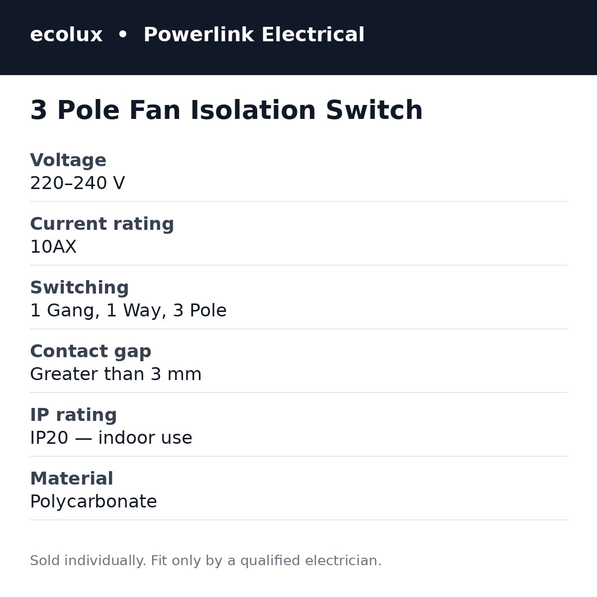ecolux fan isolation switch features and specification: 10AX, 220-240V, 3 pole, IP20, polycarbonate