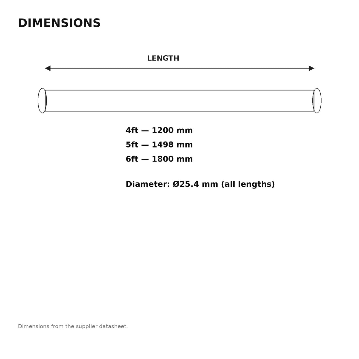 LED T8 tubelight dimensions: 4ft 1200mm, 5ft 1498mm, 6ft 1800mm, diameter 25.4mm