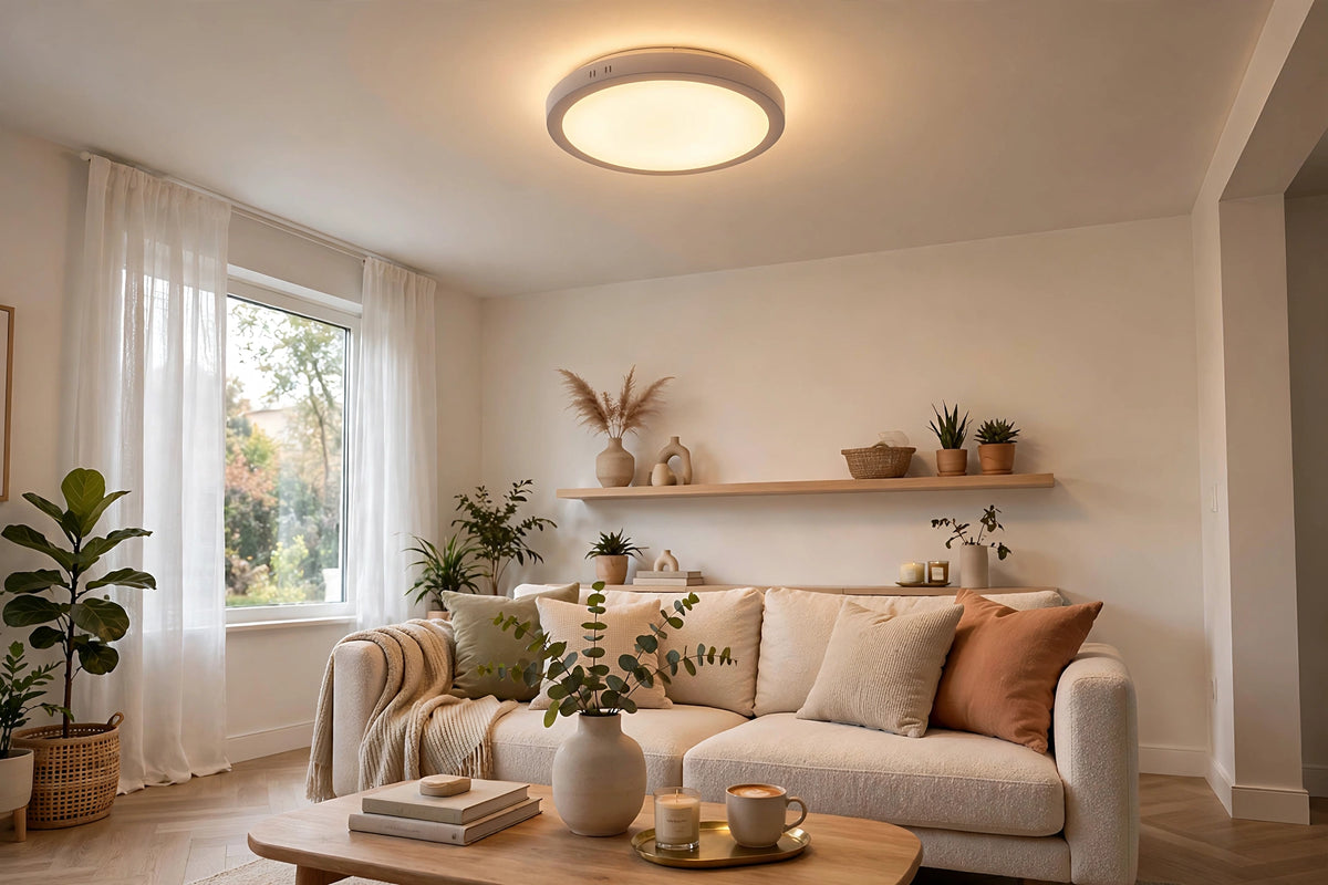 Round LED panel light installed on a modern living room ceiling