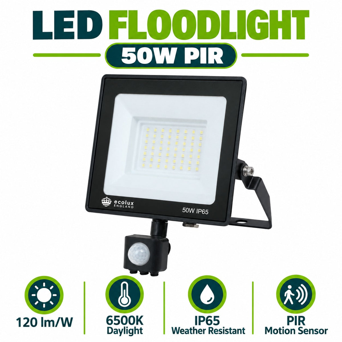 LED Floodlight 50W PIR infographic – 120 lm per W, 6500K daylight, IP65 weather resistant, PIR motion sensor