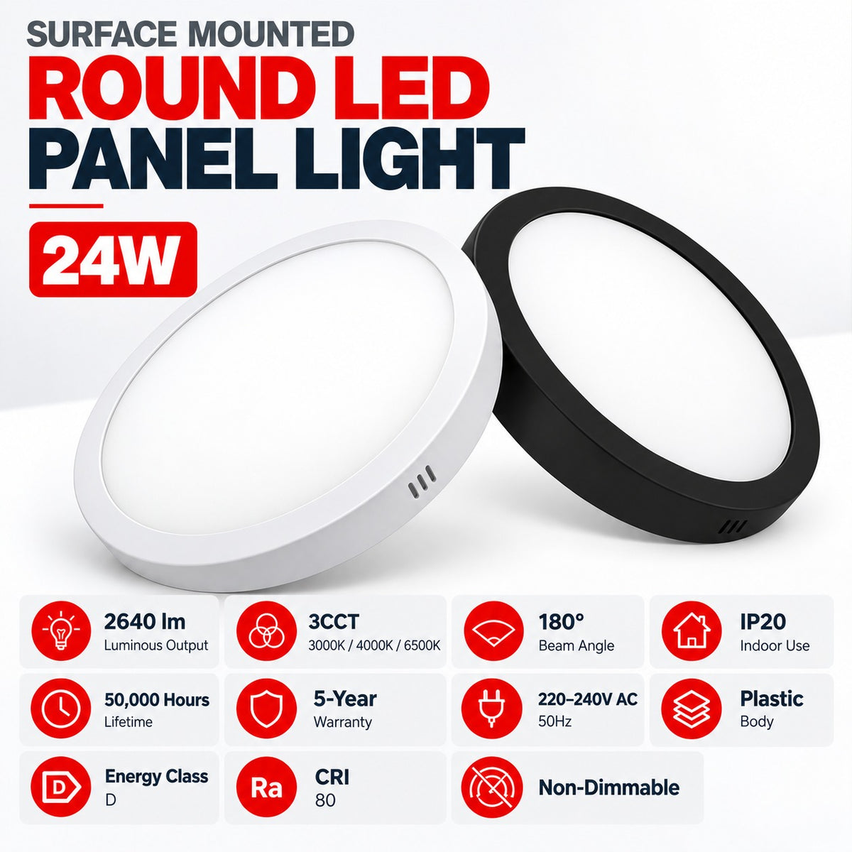 Surface Mounted Round LED Panel Light 24W infographic – 2640 lumens, 3CCT 3000K 4000K 6500K, 180 degree beam, IP20, 50000 hours, 5 year warranty, 220-240V AC 50Hz, Plastic body, Energy Class D, CRI 80, non-dimmable, white and black