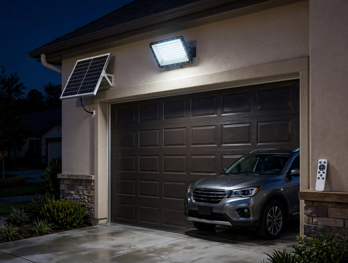 Solar LED floodlight lighting a driveway at night