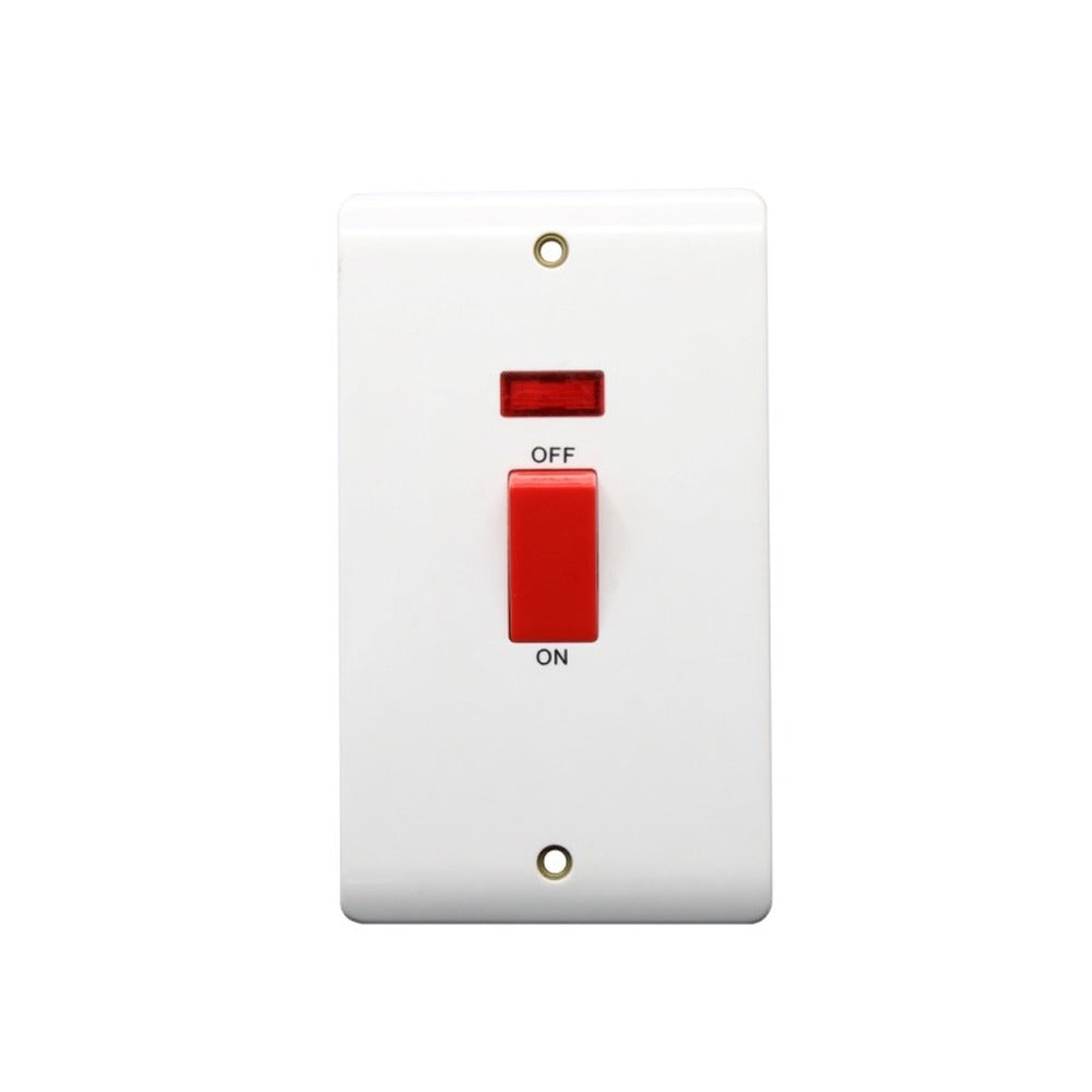 45A double pole switch with neon, double plate, white – EXV329