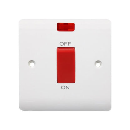 45A double pole switch with neon, single plate, white – EXV327