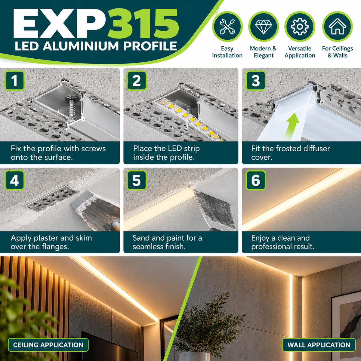 2m Extra Wide Plaster Over LED Aluminium Profile – 76×15mm, Trimless