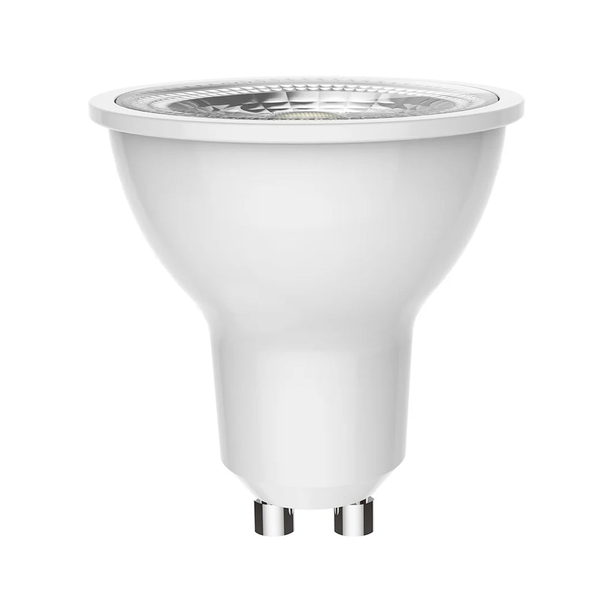 ecolux GU10 LED bulb, white, front view on white background
