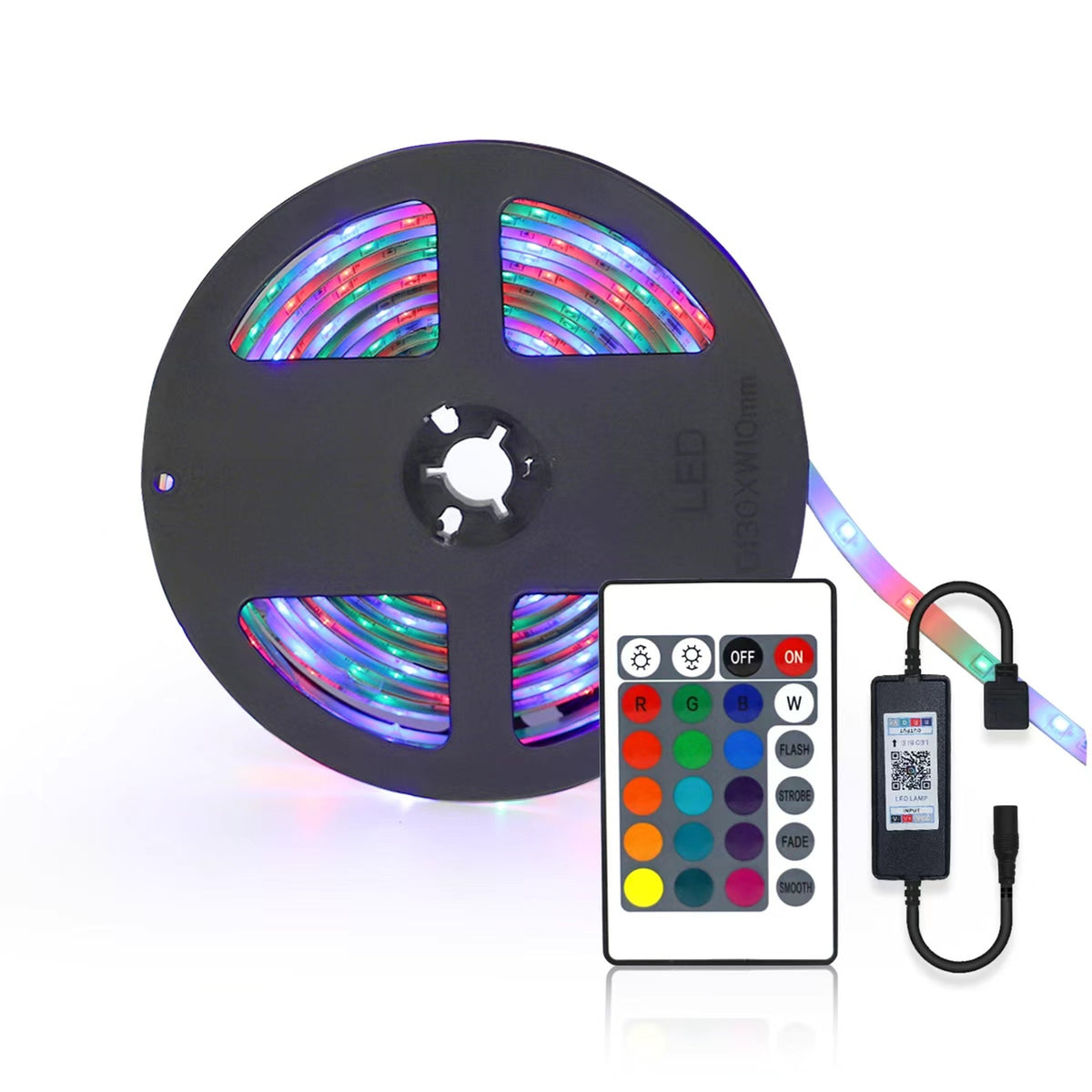 5M RGB LED Strip Kit – 12V, 24W, with remote control and controller, on white background