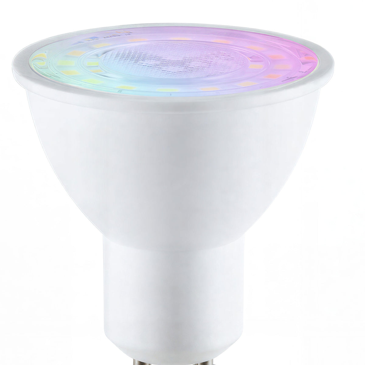 Close-up of the GU10 Smart Bulb lens showing RGB gradient and LED chips