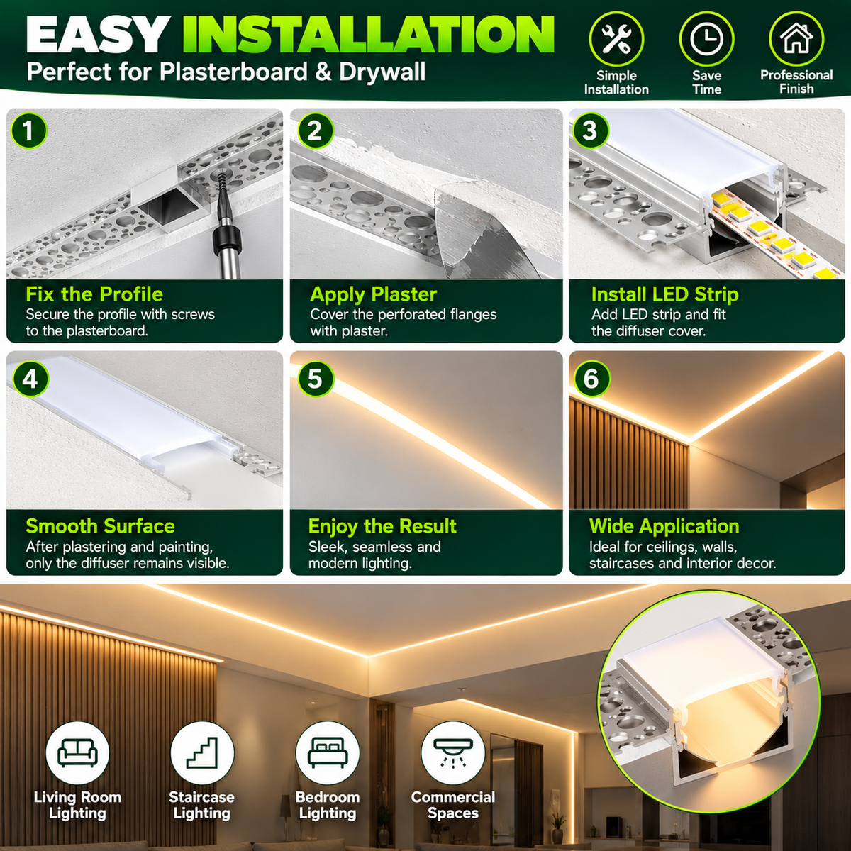 2m Plaster Over LED Aluminium Profile – 54.8 × 12.9mm, Trimless
