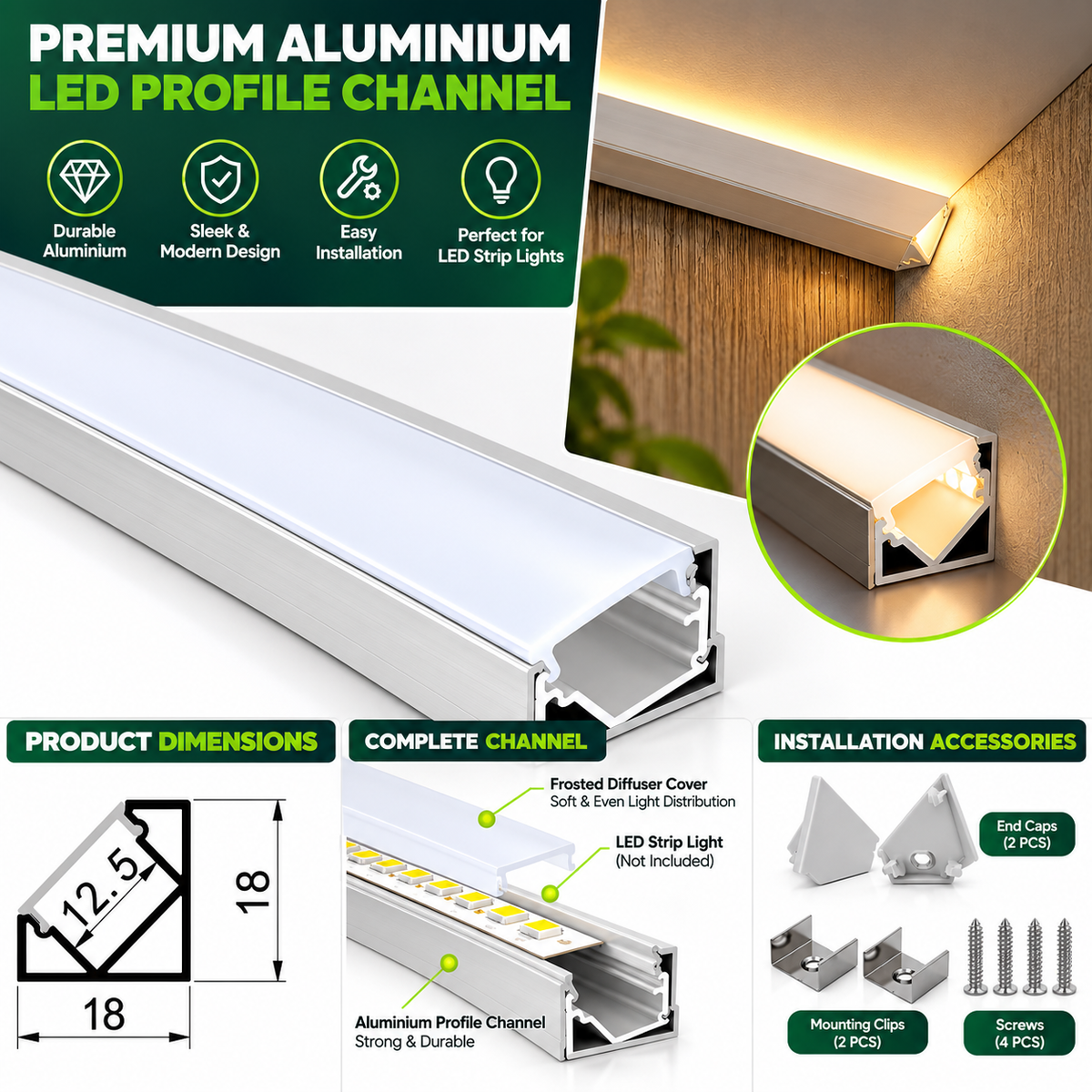 2m 45° Angled Corner LED Aluminium Profile – 18×18mm, Silver