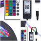 Close-up details of the RGB LED strip kit: remote control buttons, controller, wound strip on reel and LED strip tail