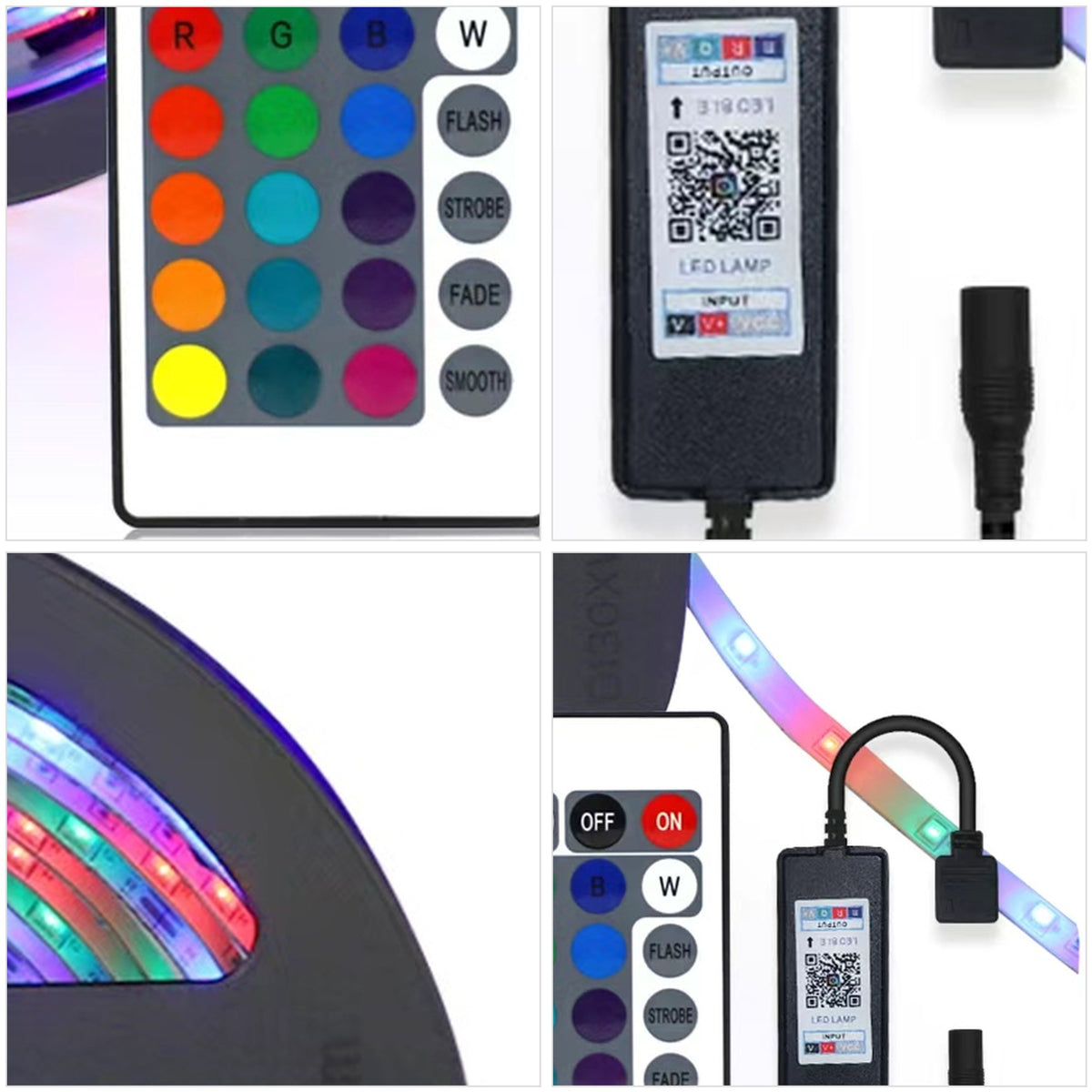 Close-up details of the RGB LED strip kit: remote control buttons, controller, wound strip on reel and LED strip tail