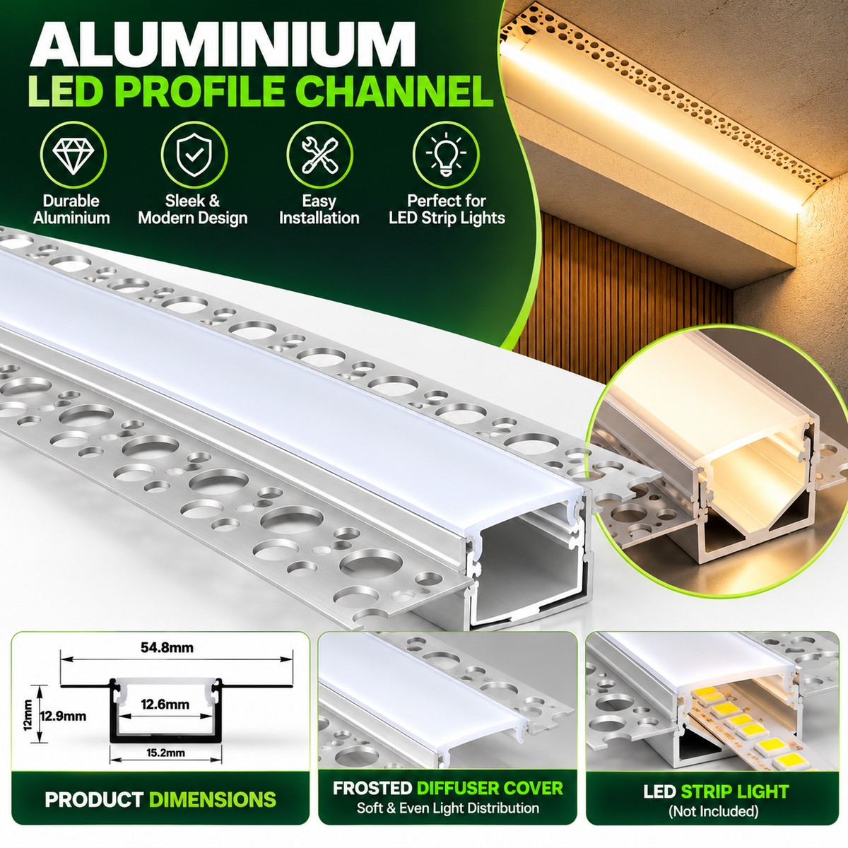 2m Plaster Over LED Aluminium Profile – 54.8 × 12.9mm, Trimless