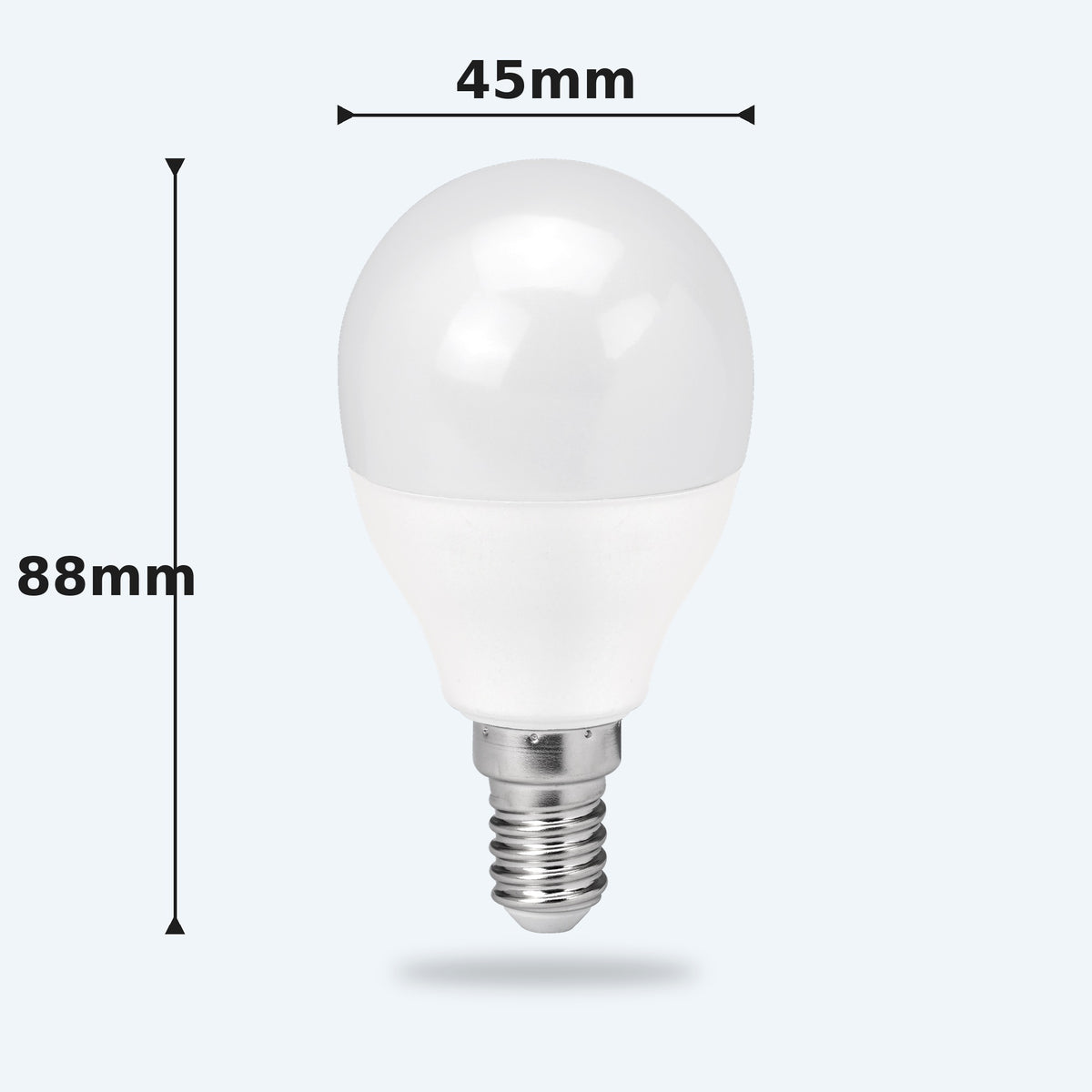 Golf Ball LED Bulb dimensions: 45mm wide, 88mm long