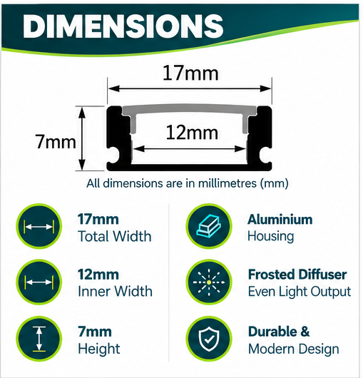 2m Standard LED Aluminium Profile – 17mm × 7mm Surface Mount Channel with Diffuser Cover
