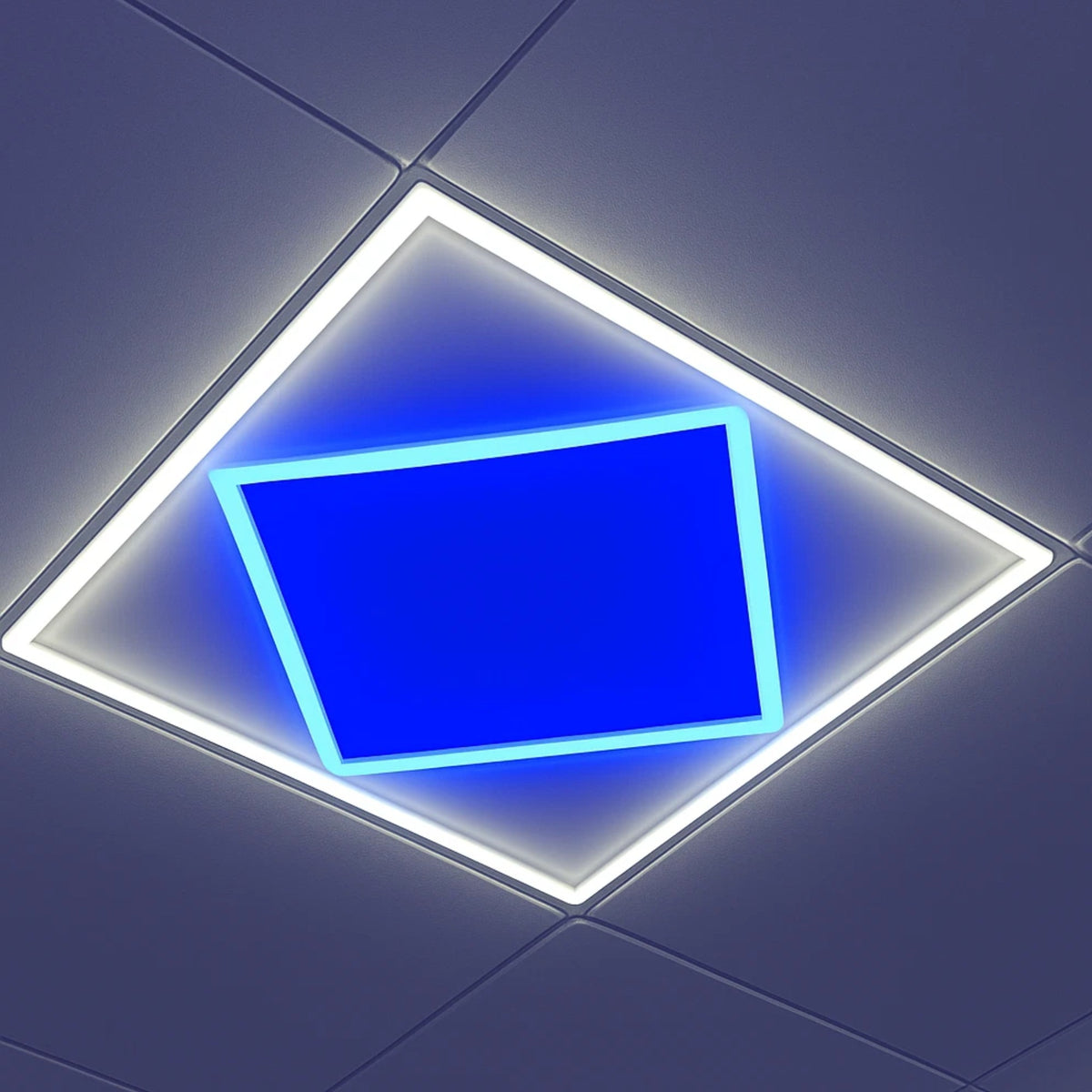 EX-BDLF1 Blue Diamond Linear Frame Light installed and lit in a 600x600 ceiling grid