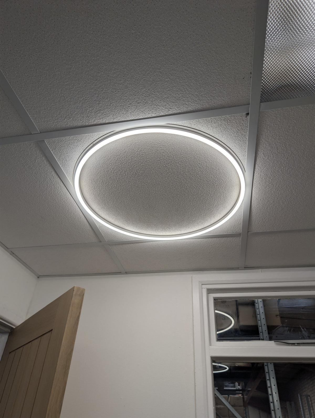 Round Halo light installed and lit in a real office ceiling grid