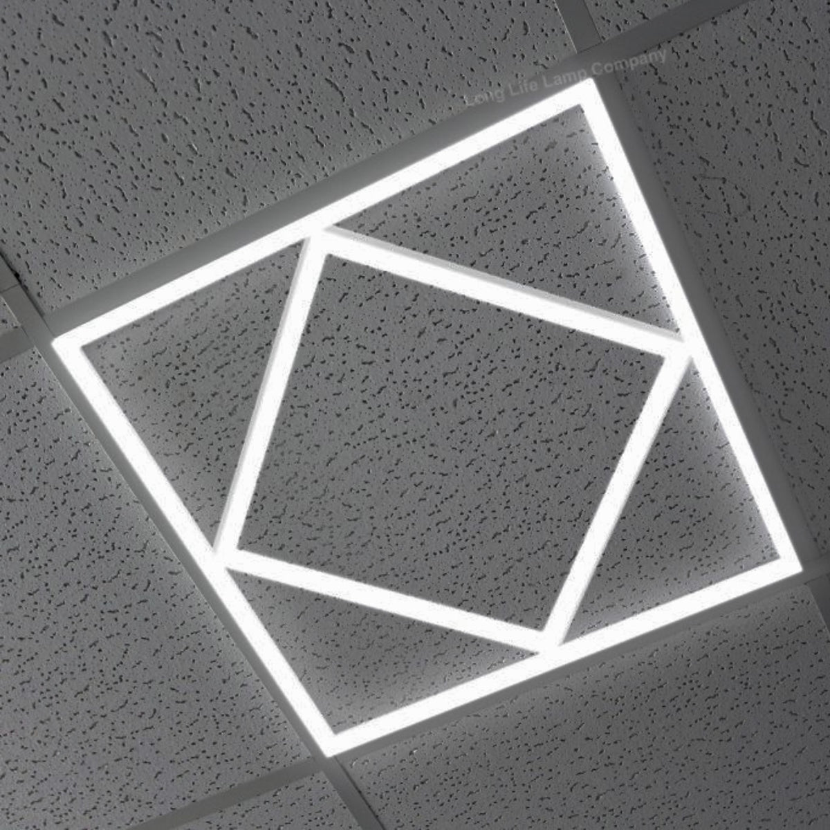 White Diamond Linear Frame Light installed and lit in a ceiling grid