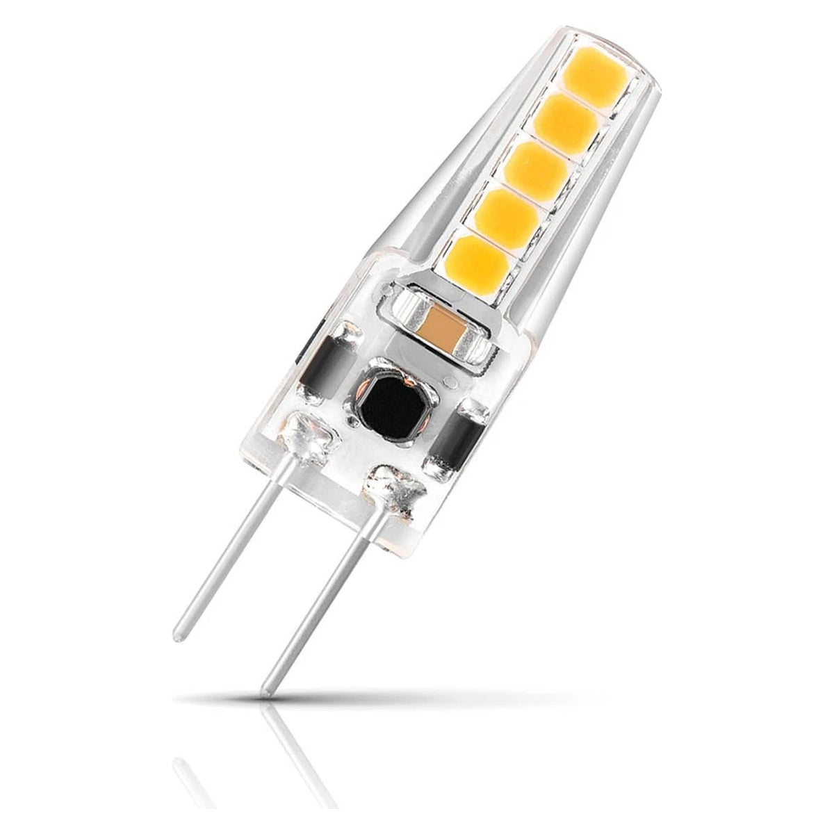 Close-up of G4 capsule bulb LED chips and two-pin base