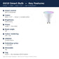 GU10 Smart Bulb key features: WiFi and Bluetooth, RGB plus CCT, 400 lumens, 4.8W, 38 degree beam, CRI over 80, 20,000 hours