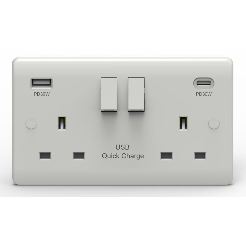 13A 2 gang switched socket with USB-A and USB-C, white – EXV4118-N