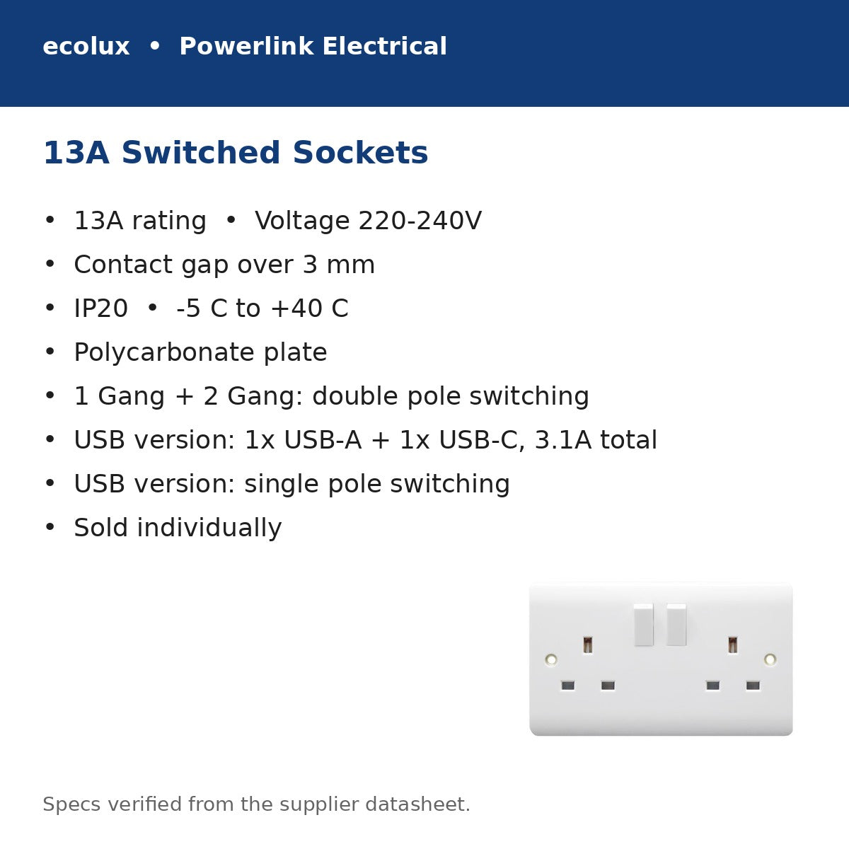 13A switched sockets – key specifications