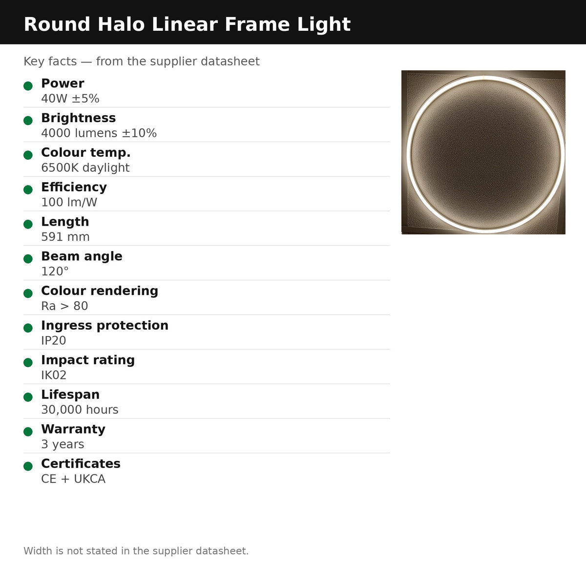 Round Halo Linear Frame Light key facts — 40W, 4000 lumens, 6500K, 591mm, 3-year warranty