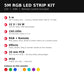 Features of the 5M RGB LED strip kit: 5 metres, 12V 24W, 150 LEDs, remote control, effects, 10mm PCB, IP20