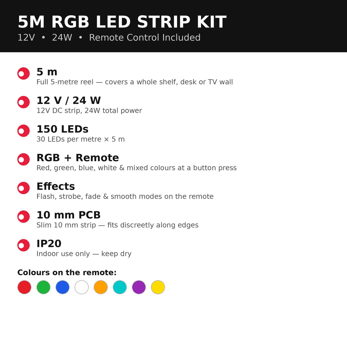 Features of the 5M RGB LED strip kit: 5 metres, 12V 24W, 150 LEDs, remote control, effects, 10mm PCB, IP20