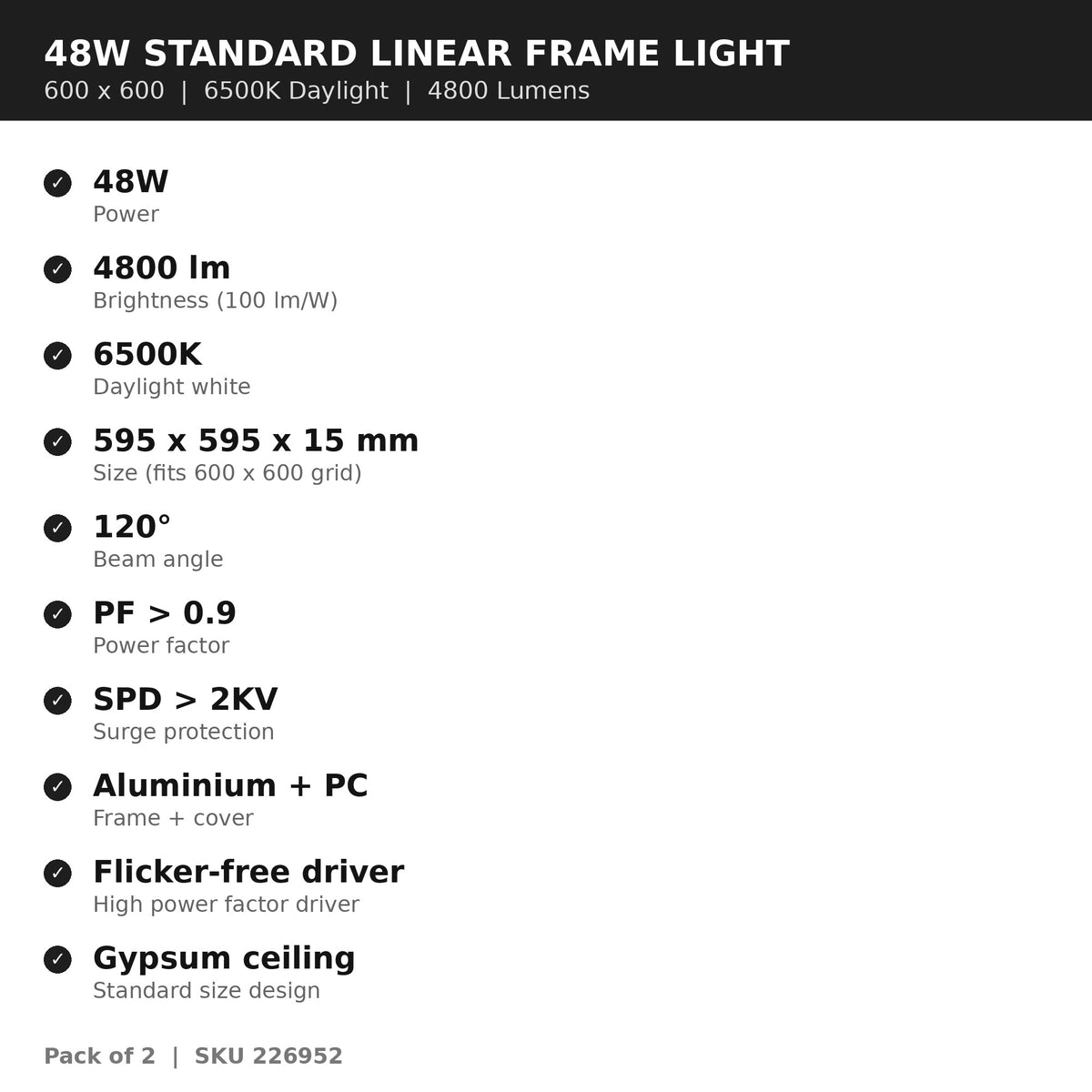 Features infographic: 48W, 4800 lumens, 6500K, 595x595x15mm, 120 degree beam