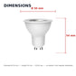 GU10 LED bulb dimensions: 50mm diameter, 54mm length