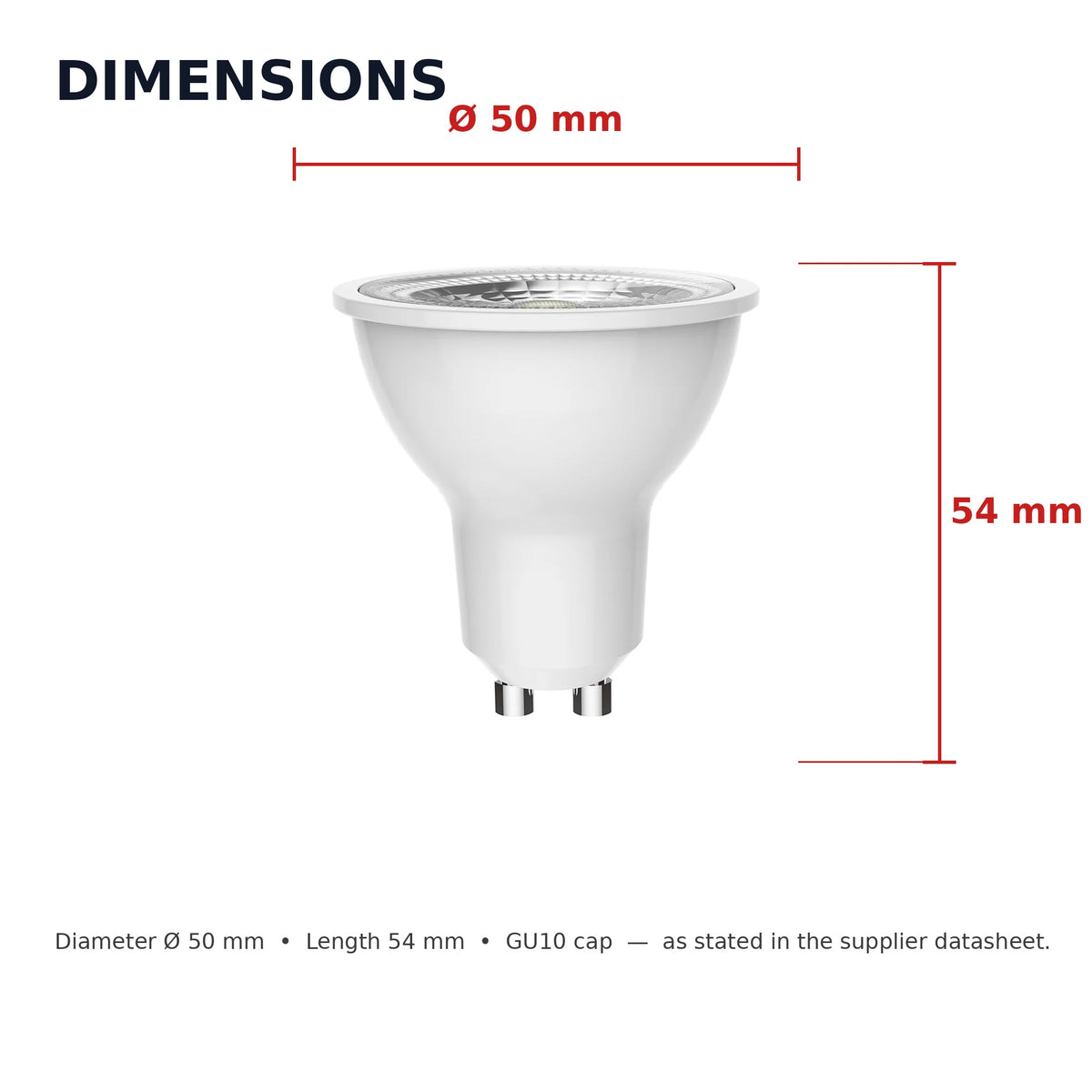 GU10 LED bulb dimensions: 50mm diameter, 54mm length