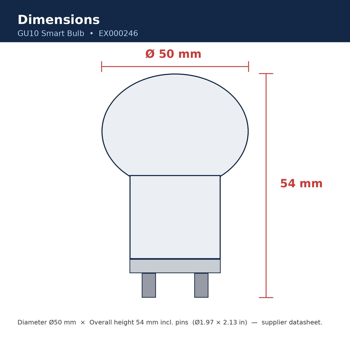 GU10 Smart Bulb dimensions: 50mm diameter by 54mm overall height including pins