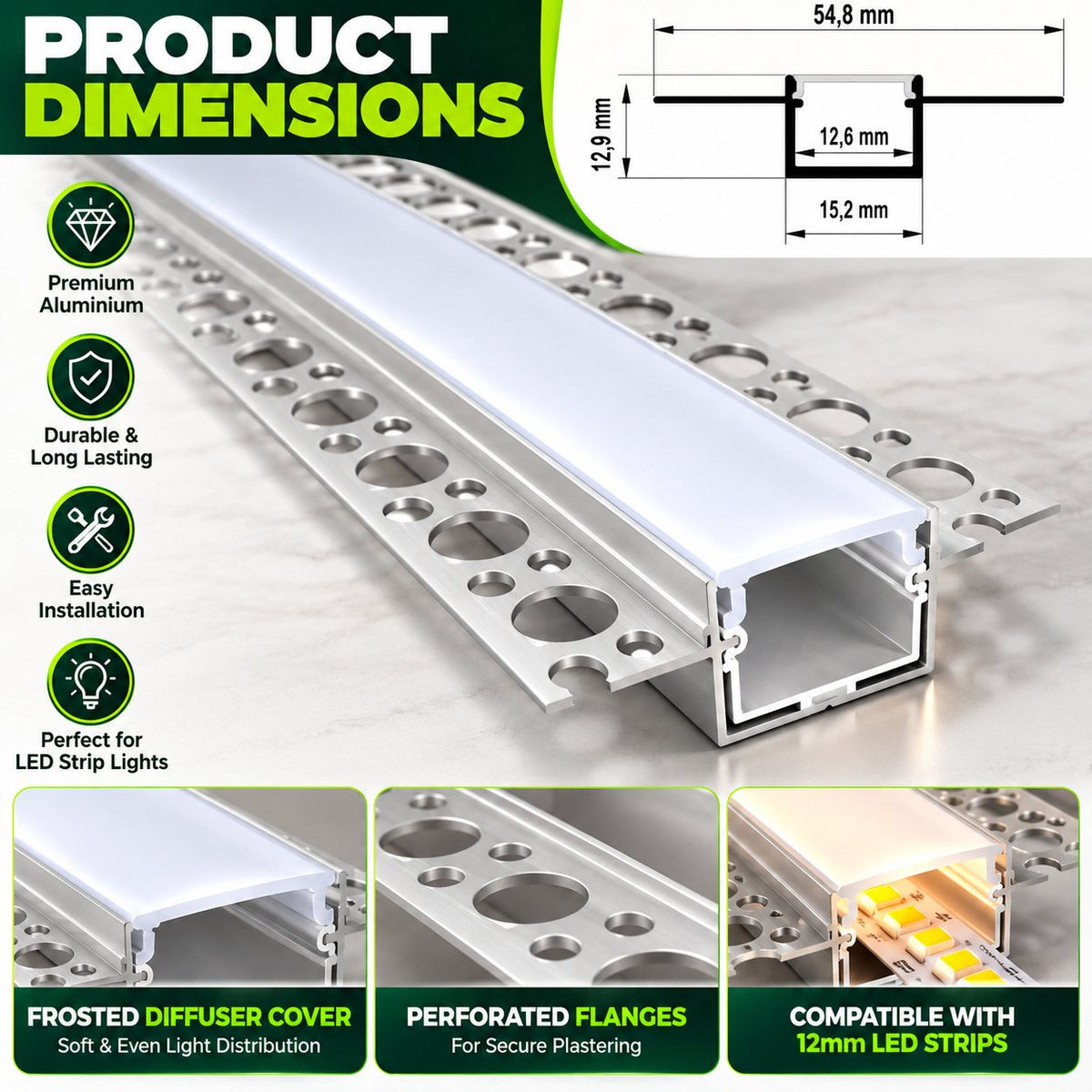 2m Plaster Over LED Aluminium Profile – 54.8 × 12.9mm, Trimless