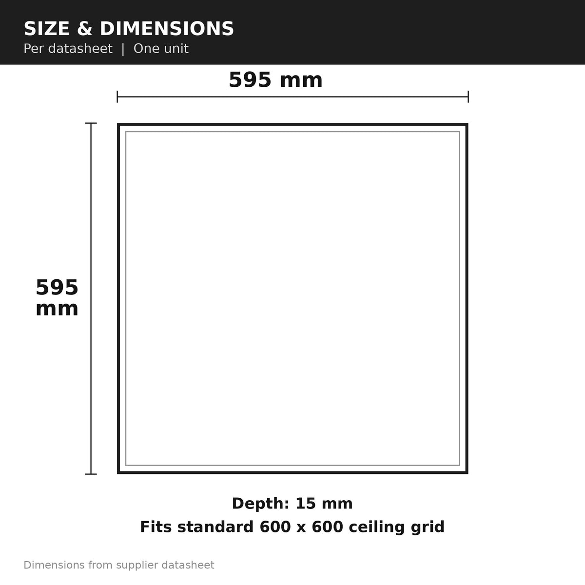 Dimensions diagram: 595mm by 595mm, 15mm deep, fits 600x600 ceiling grid