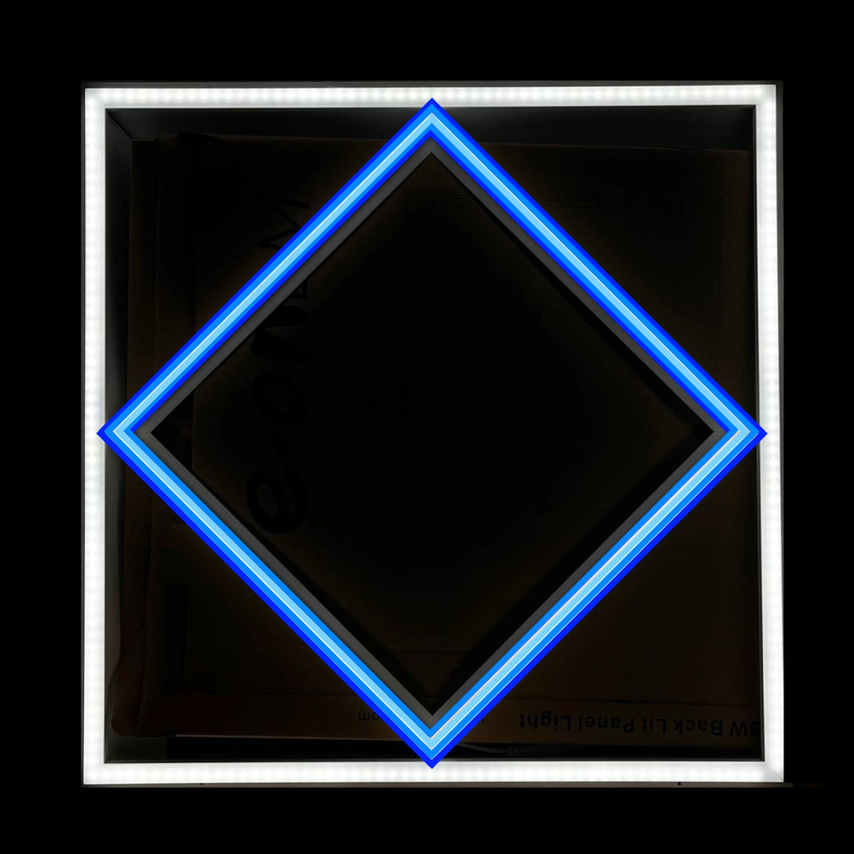EX-BDLF1 Blue Diamond Linear Frame Light switched on, blue diamond glowing against a dark background