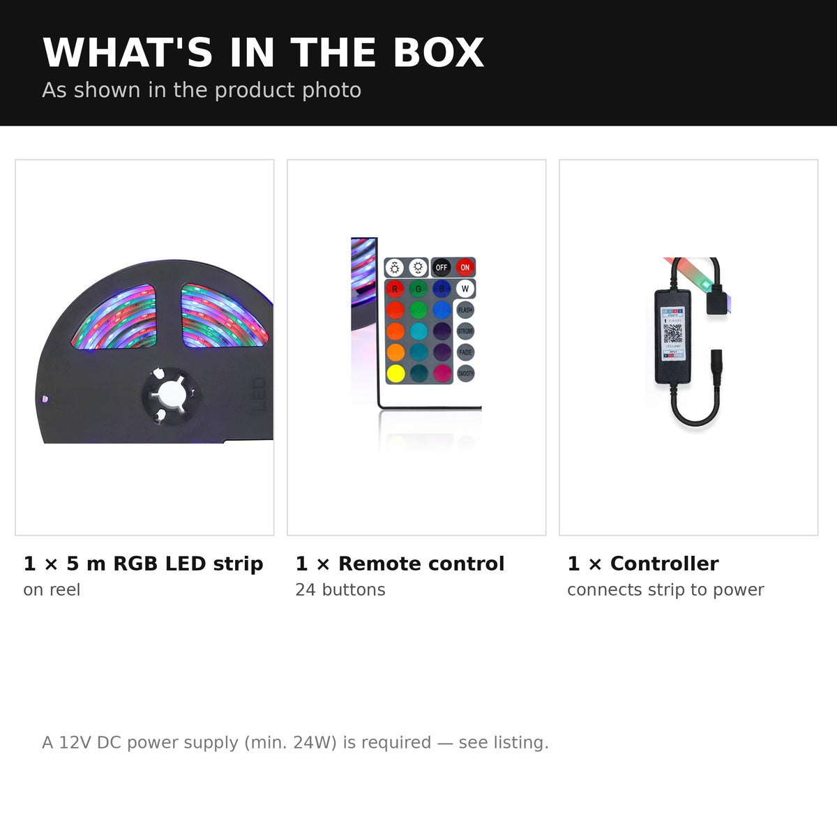Box contents: 5m RGB LED strip on reel, remote control and controller