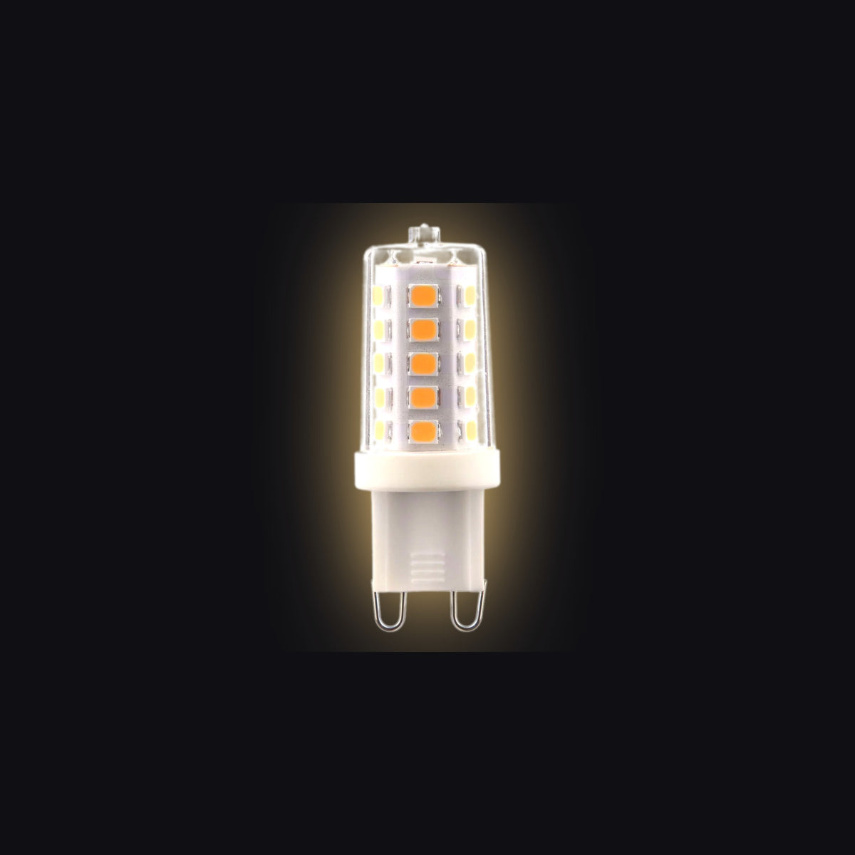 G9 capsule bulb lit, showing warm glow