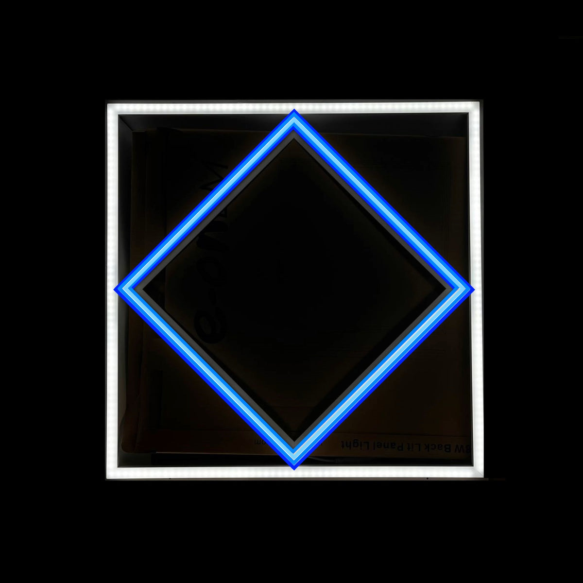 Blue Diamond Linear Frame Light lit, white outer frame with blue diamond on black background