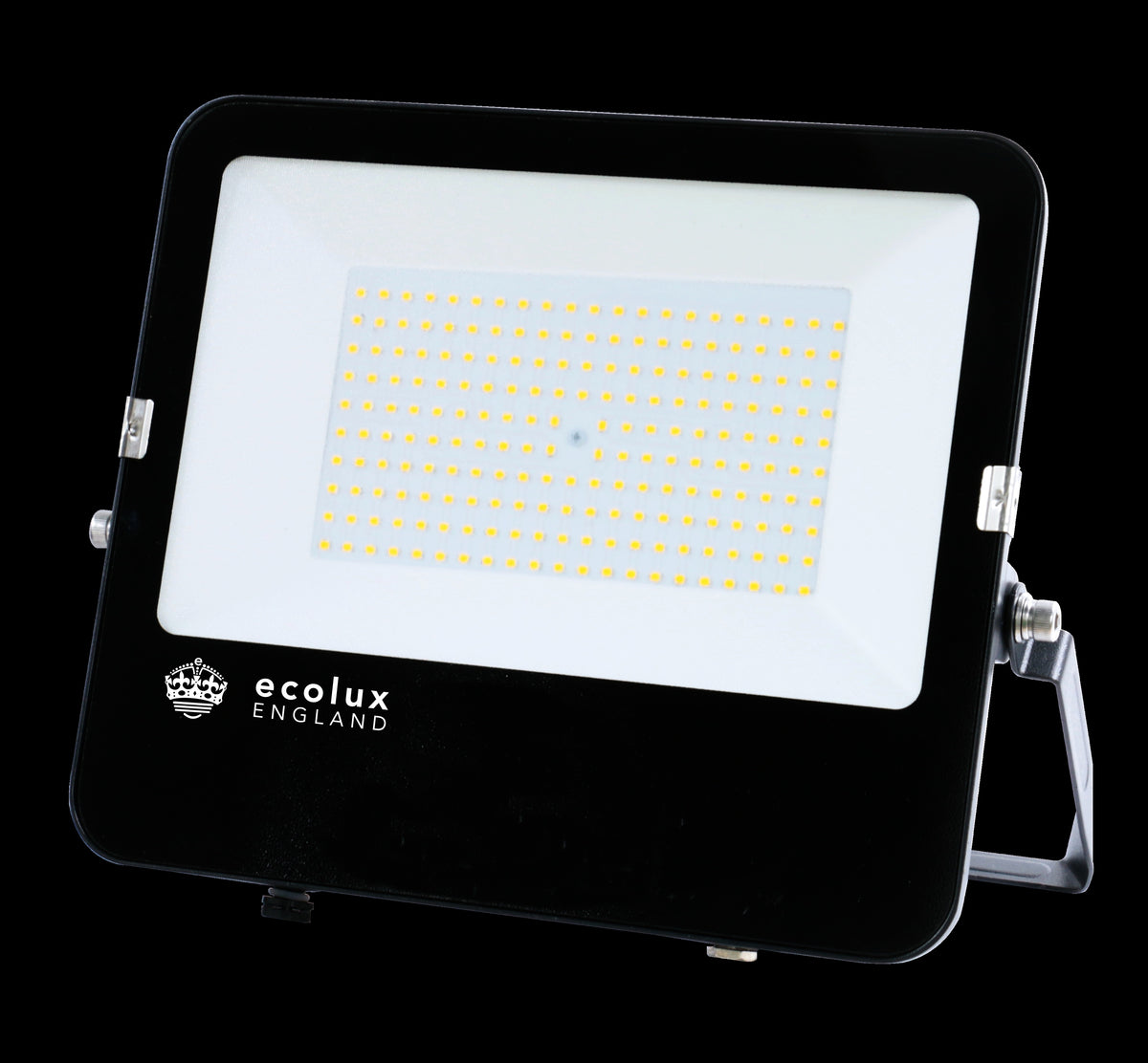 LED Dual Voltage Floodlight 150W – front view, ecolux England, black, no sensor