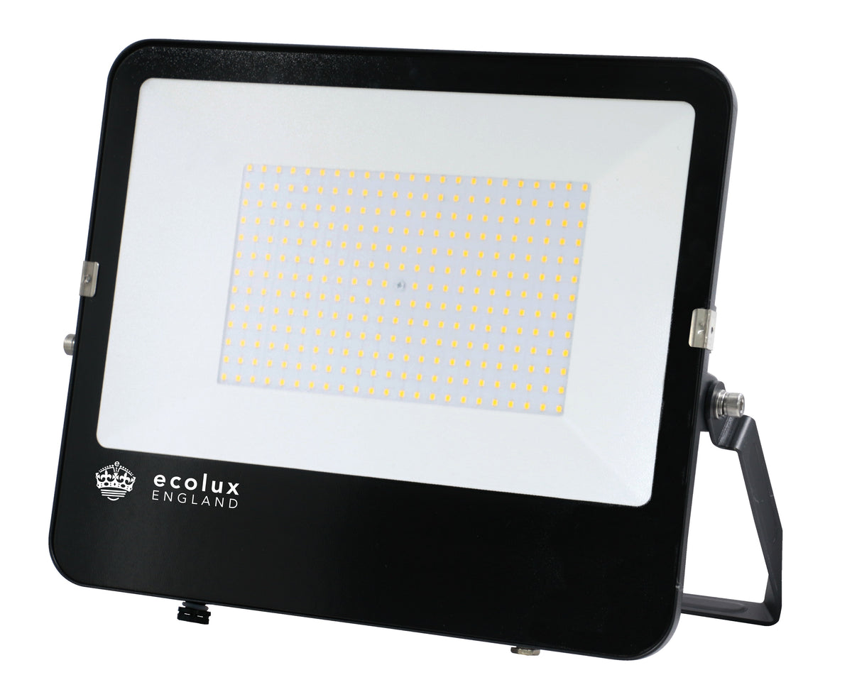LED Dual Voltage Floodlight 200W – front view, ecolux England, black, no sensor