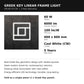 Greek Key linear frame light features: 60W, 6000 lumens, 100 lumens per watt, 600 by 600 millimetres, Cool White, 5-year warranty