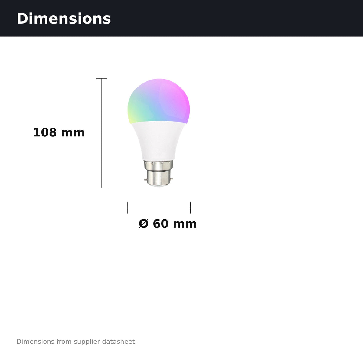 ecolux Smart Bulb B22 dimensions – 60mm diameter x 108mm long