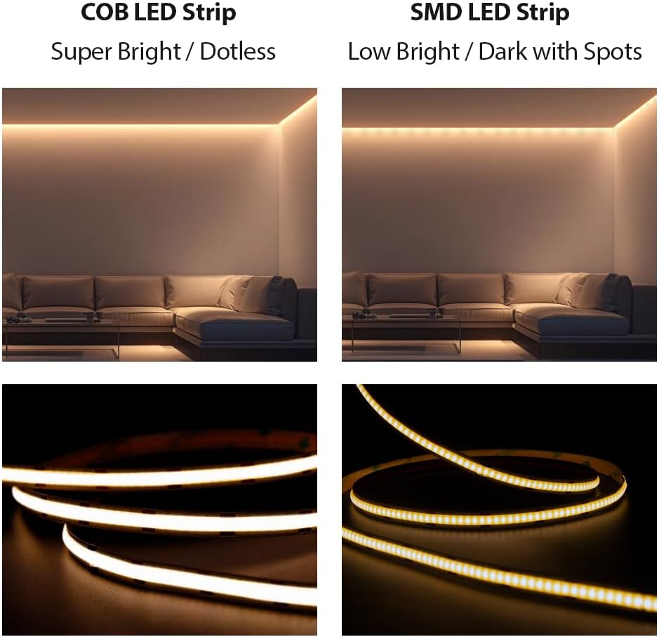 ENERJ 24V COB LED Strip Light 5m, 4000K Neutral White, 480 LEDs/m, 1200Lm/m, Dotless Flexible LED Tape, Cuttable 10mm IP20 LED Strip