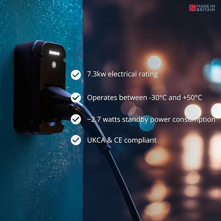 EV Charger |Untethered |Type 2 | 7.4kW | Wall Mount Outdoor Socket | Alpha7 Electric Vehicle Charger | With Mobile App & Smart Features | Solar Charging, WiFi & Bluetooth |Weatherproof | UK Made