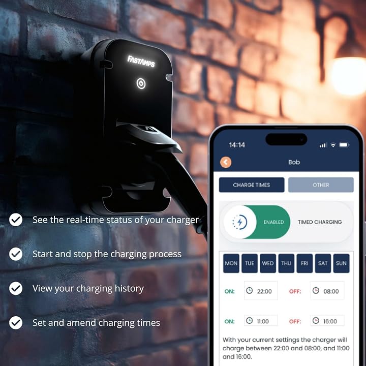 EV Charger |Untethered |Type 2 | 7.4kW | Wall Mount Outdoor Socket | Alpha7 Electric Vehicle Charger | With Mobile App & Smart Features | Solar Charging, WiFi & Bluetooth |Weatherproof | UK Made