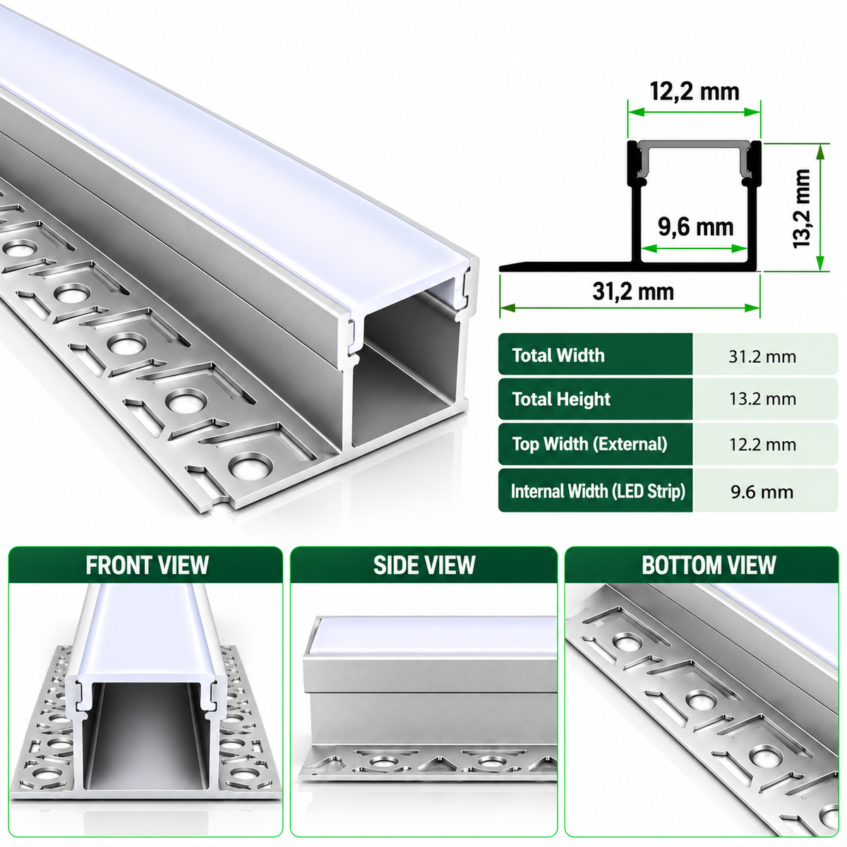 2m Tile In LED Aluminium Profile – 31.2x13.2mm