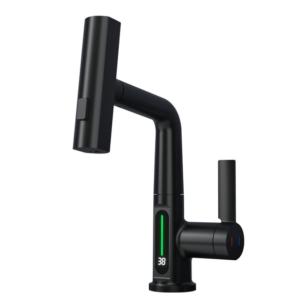 Ener-J BW2002 Single Hole Basin Faucet with Waterfall, Pull Out Sprayer and LED Temperature Display - Black