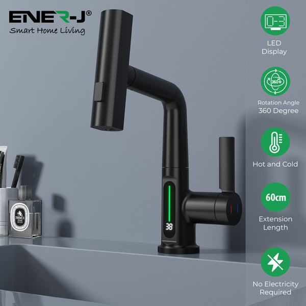 Ener-J BW2002 Single Hole Basin Faucet with Waterfall, Pull Out Sprayer and LED Temperature Display - Black secondary image